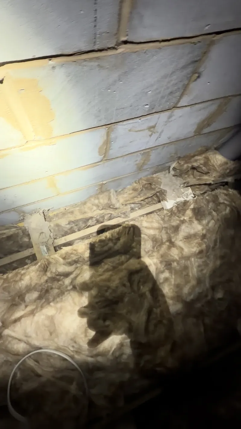 Torch-lit roof void in a new-build home with mineral wool insulation stopping short of the wall, leaving gaps